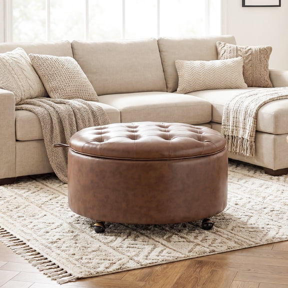 FOROUTIA 29.1" Round Storage Ottoman Coffee Table, Tufted Faux Leather Rolling Ottoman with Wooden Tray & Lockable Wheels, Multi-Functional Footrest Storage Bench for Living Room Bedroom, Dark Brown