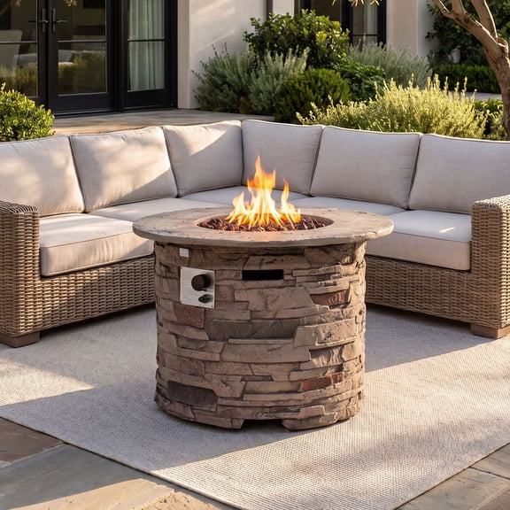 FOROUTIA 32 Inch Round Stacked Stone Propane Fire Pit, 40000 BTU Outdoor MgO Fire Column with Hidden Tank Storage, with Lava Rocks & Waterproof Cover for Backyard Deck Garden
