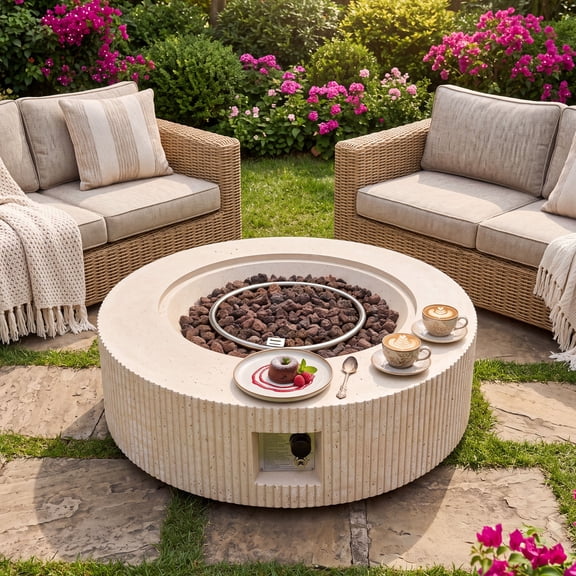 FOROUTIA 41'' Outdoor Propane Fire Pit Table, 50,000 BTU MgO Concrete Look Gas Fire Pit with Lava Rocks & Rain Cover for Patio Backyard, Beige