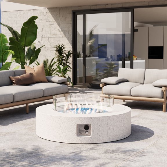 FOROUTIA 41" Round Terrazzo White Propane Fire Pit Table with Glass Cover and 3 boxes of flat, oval-shaped aqua-blue glass stones, 50,000 BTU Outdoor Gas Fire Pit for Patio Backyard Garden