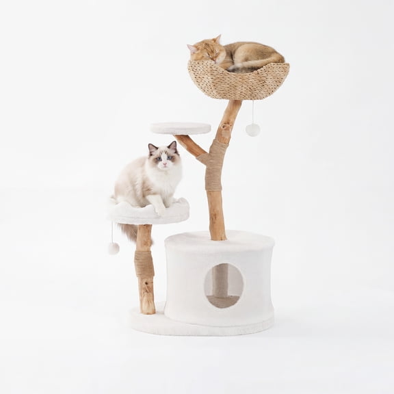 FOROUTIA 42.5 Inch Natural Pear Wood Cat Tree, Multi Level Cat Tower with Hand Woven Basket Nest, Large Cat Condo & Scratching Posts for Indoor Large Cats Up to 40lbs