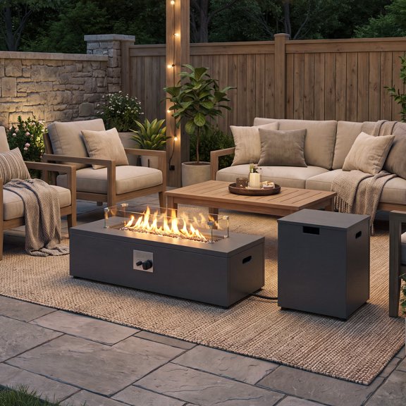 FOROUTIA 42 Inch Rectangular Fire Pit Table with Tank Storage Cabinet, 50000 BTU Gray Wood Grain Metal Outdoor Fire Table w/Glass Wind Guard Lava Rocks for Patio Backyard