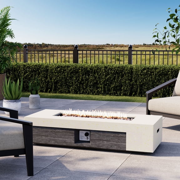 FOROUTIA 56 Inch Rectangular Propane Fire Pit Table, 50000 BTU Outdoor MgO Fire Table with Terrazzo & Wood Grain Finish, CSA Certified Patio Fire Pit with Lava Rocks & Cover