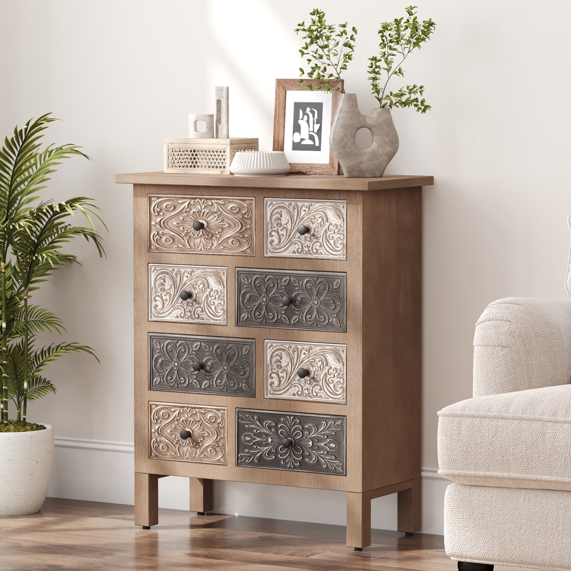 FOROUTIA 8 Drawer Wooden Chest with Floral Pattern,Wood Grain Finish ...