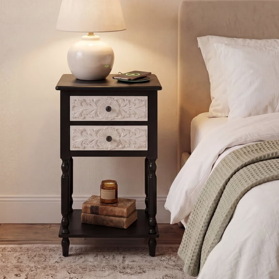 FOROUTIA Farmhouse Rectangular Nightstand with 2 Drawers, Carved Wood Side Table with Shelf, Vintage Bedside Table for Bedroom Living Room, Black