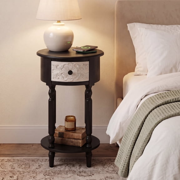 FOROUTIA Farmhouse Round Nightstand with 1 Drawer, Carved Wood Nightstand with Shelf, Vintage Accent Side Table for Bedroom Living Room, Black