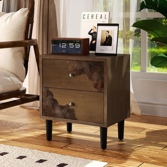 FOROUTIA Mid-Century Nightstand,2-Drawer Wood End Table for Bedroom,Living Room, Walnut
