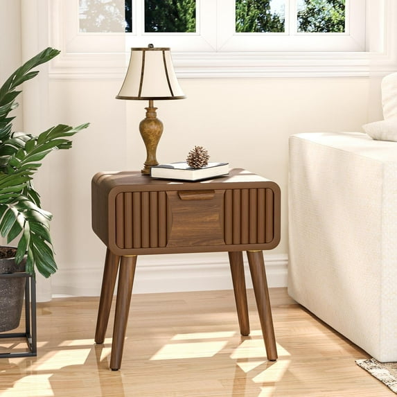 FOROUTIA Modern Fluted Nightstand with Drawer,Small Night Stand with Storage,Wood Finish Bedside Table for Bedroom,Living Room