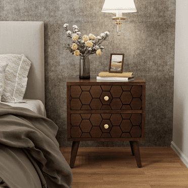 FOROUTIA Mid-Century Nightstand with 2 Drawers,Morden Wood End Table Walnut Finish