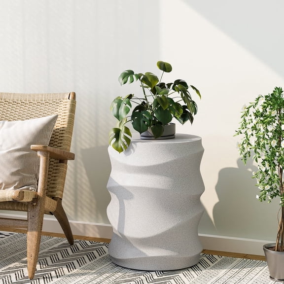 FOROUTIA Modern Wavy Water Ripple Outdoor Side Table, 18" Tall MgO Cylindrical Accent Stool Table for Patio Living Room, White