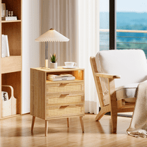 FOROUTIA Morden Nightstand with 3 Drawers,Rattan Nightstand with Charging Station for Bedroom,Living Room