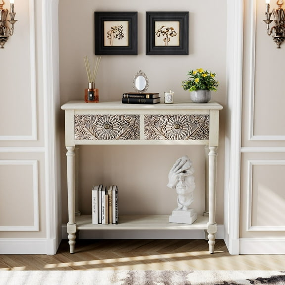 FOROUTIA Narrow Console Table,2-Drawer MDF Wood Entryway Table with Storage Shelf,Light Grey