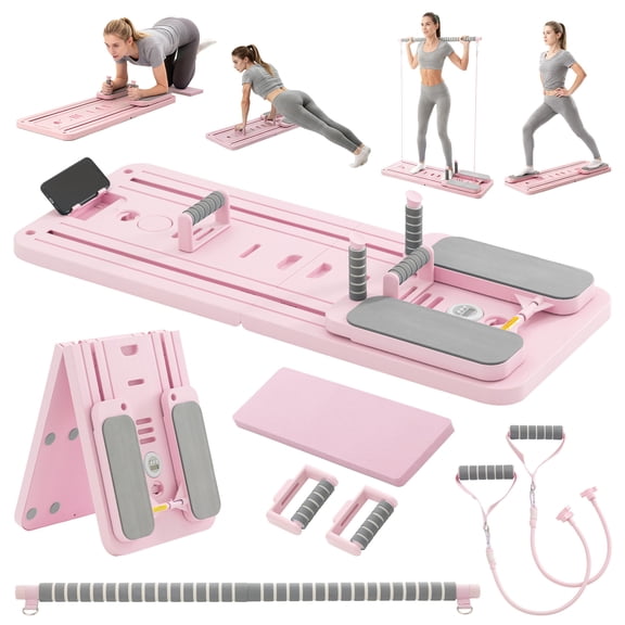 FOROUTIA All in One Foldable Pilates Reformer Board Set, 41.7 Inch Full Body Home Workout Fitness Sliding Board with Complete Accessories, Indoor Abdominal Leg Core Exercise Equipment, Pink