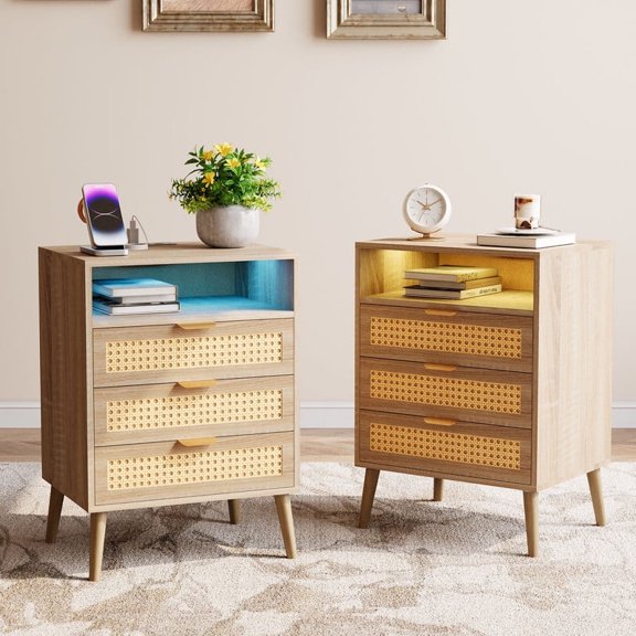 FOROUTIA Rattan Nightstand Set of 2 with Charging Station,Boho Bedside Table with 3 Drawers&Open Storage Cubby