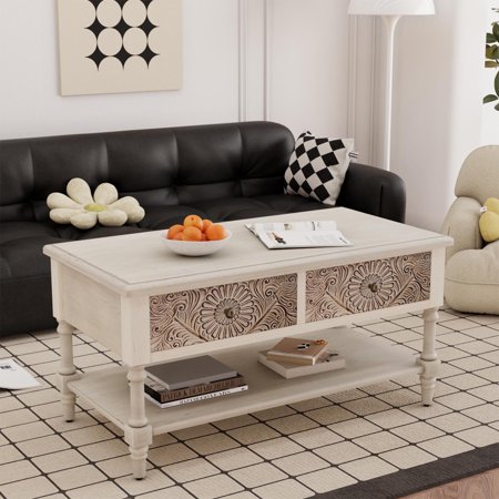 FOROUTIA Rectangular Coffee Table with 2 Drawers,Farmhouse Wood Coffee Table with Storage Shelf