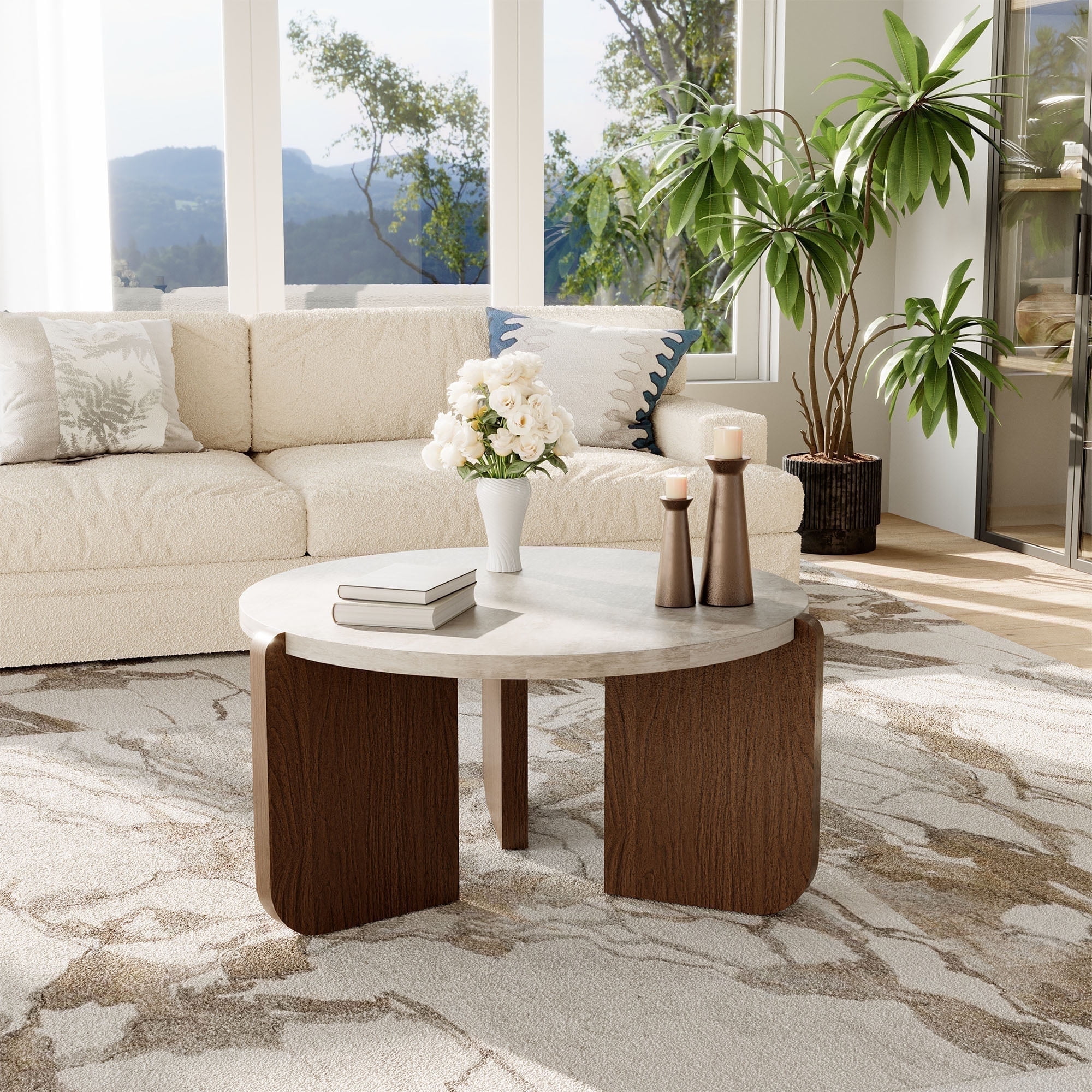 FOROUTIA Round Coffee Table with Faux Marble Top,Modern Walnut Legs Living Room Table