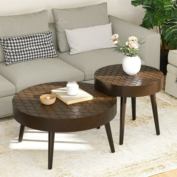 FOROUTIA Nesting Round Wood Coffee Table Set of 2,Morden Circle Side Table  for Living Room