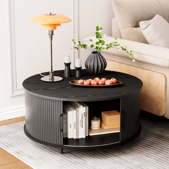 FOROUTIA Round Coffee Table with Hidden Storage for Living Room,Morden Wood Center Table,Black