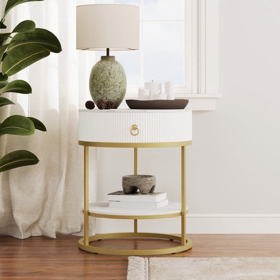 FOROUTIA Round End Table with Drawer&Open Shelf,Modern Faux Marble Design Nightstand for Living Room,Bedroom