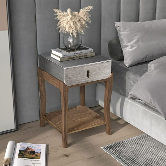 FOROUTIA Rustic Nightstands,2-Tier Farmhouse End Table with Drawer & Shelf