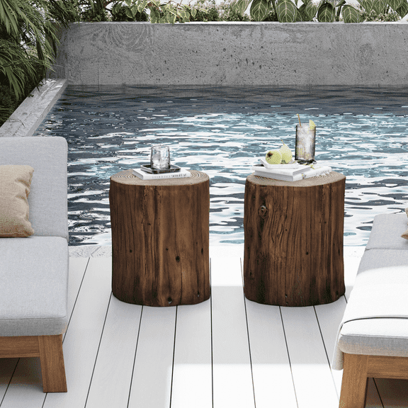 FOROUTIA Set Of 2 Tree Stump Outdoor Side Tables, Weather Resistant MgO Wood Look Accent Table for Patio Balcony Living Room, Dark Brown