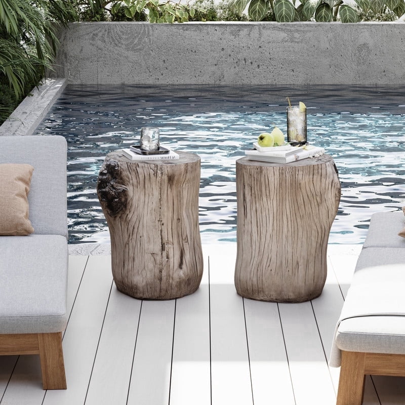 FOROUTIA Set Of 2 Tree Stump Outdoor Side Tables, Weather Resistant MgO ...