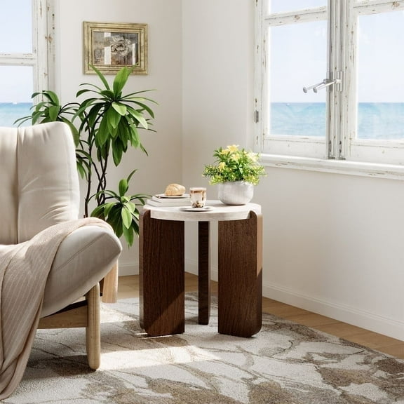 FOROUTIA Small Round Side Table with 3 Walnut Legs ,Morden Faux Marble Top Design