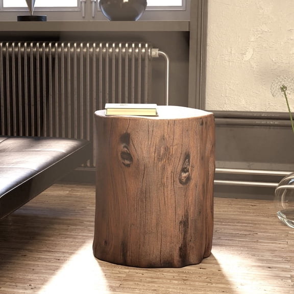FOROUTIA Tree Stump Outdoor Side Table, Weather Resistant MgO Wood Look Accent Table for Patio Balcony Living Room, Dark Brown