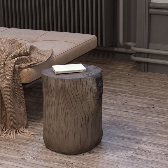 FOROUTIA Tree Stump Outdoor Side Table, Weather Resistant MgO Wood Look Accent Table for Patio Balcony Living Room, Gray
