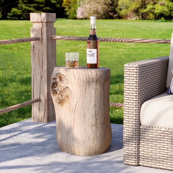 FOROUTIA Tree Stump Outdoor Side Table, Weather Resistant MgO Wood Look Accent Table for Patio Balcony Living Room, White