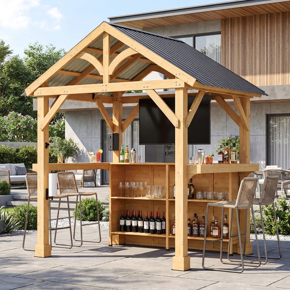 FOROUTIA6x8ft Outdoor Wood Bar Gazebo with TV Stand, Hardtop Patio Pavilion with Storage Shelves & Power Outlet, All-Weather Grill Gazebo for Backyard, BBQ, Party