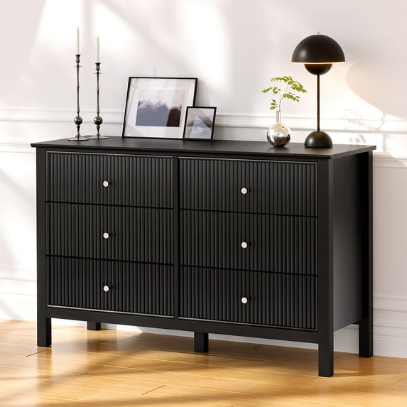 FOROUTRIA Wood Dresser for Bedroom,6 Drawer Dresser with Metal Handle,Black Chest of Drawers for Living Room