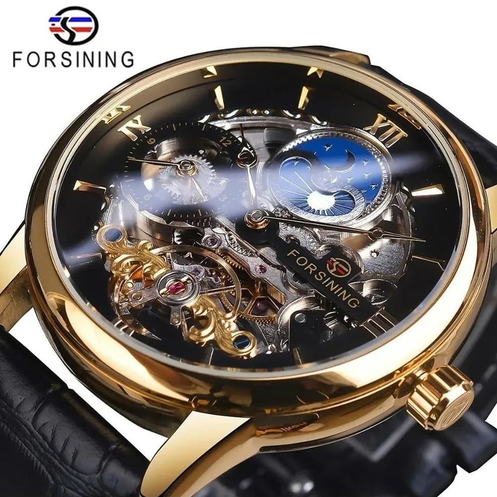 FORSINING Automatic Skeleton Watch Dual Time Zone Blue Forsining Waterproof Genuine Leather Strap Moon Phase Mechanical Watch Tourbillon Watch Montre with Gift Box