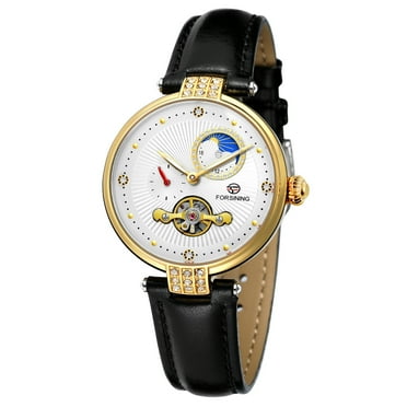 FORSINING Women's Automatic Mechanical Watch with Leather Strap Hollow-out Design Luminous Display Wristwatch for Women