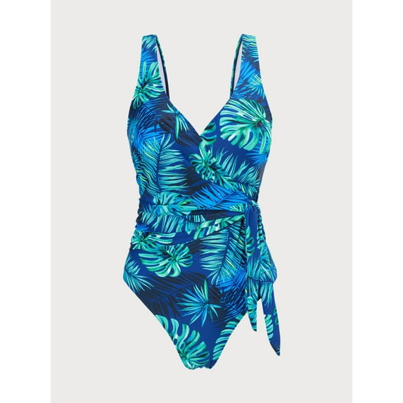 FORTANT Women's Plus Size One-Piece Swimsuits Floral Print V Neck Tummy Control Side Knotted Swimwear, Size S-4XL