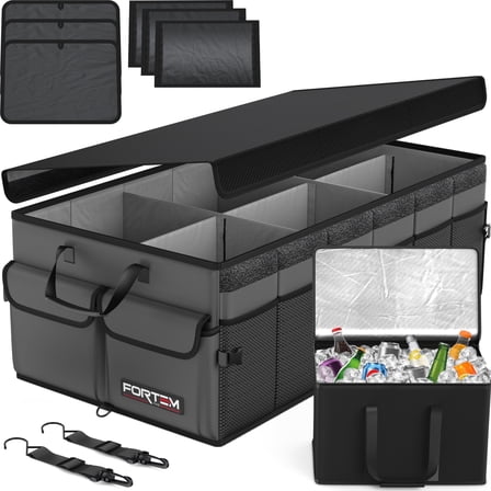 FORTEM Car Trunk Organizer with Cooler, Collapsible Multi Compartment SUV Organizer, Foldable Storage for Car Accessories for Women Men, 600D Oxford, Non Slip Bottom, Securing Straps Soft Cover (105L