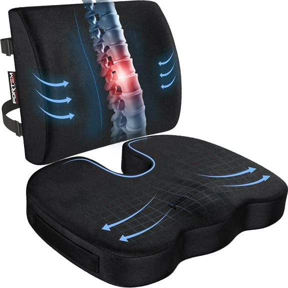 FORTEM Office Chair Cushion and Back Support for Office Chair, Lumbar Support Pillow, Memory Foam, Non Slip Sitting and Back Rest for Gaming, Car Seat Cushion, Chair Pad