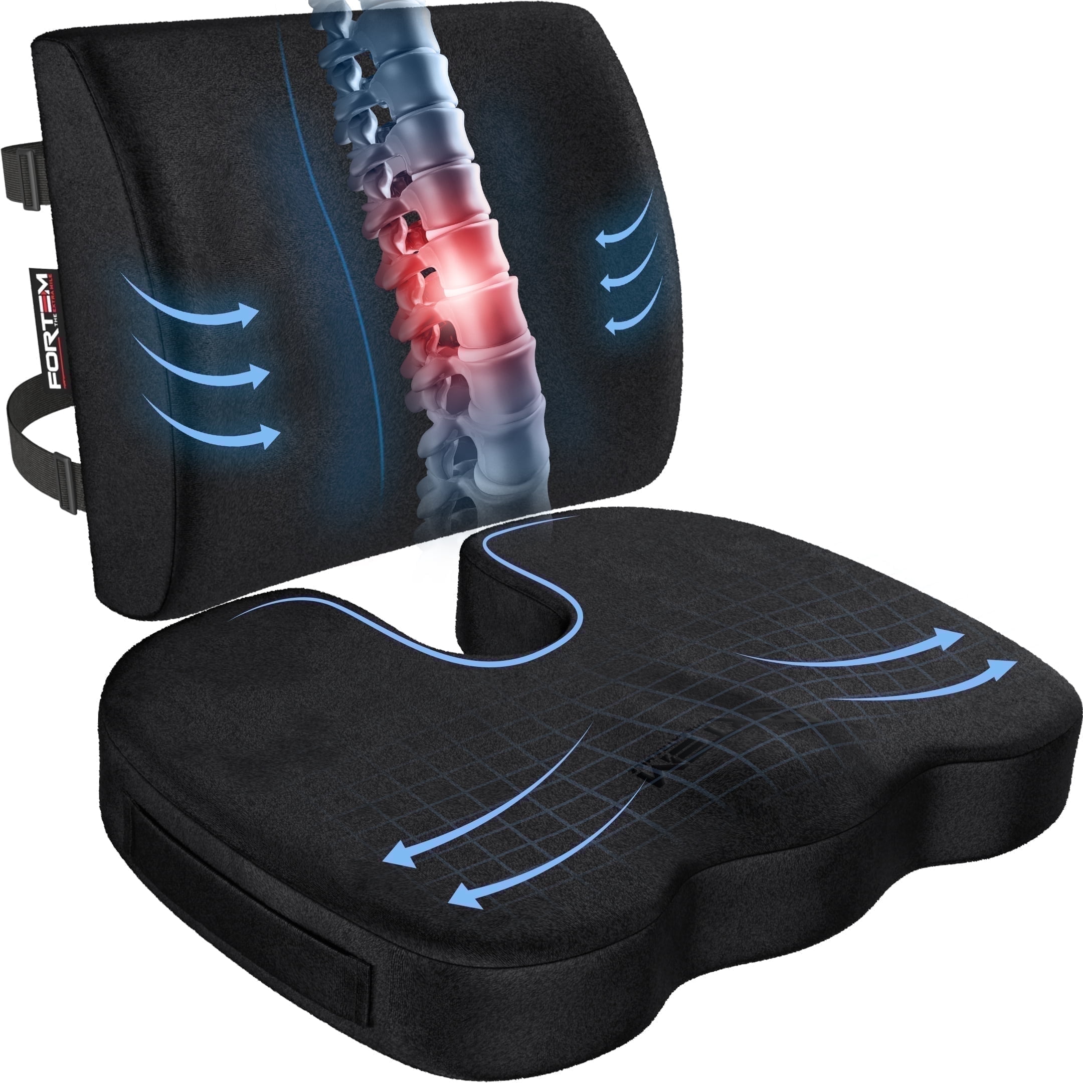 FORTEM Seat Cushion, Office Chair Cushion, Lumbar Support Pillow for Office Chair, Memory Foam Car Seat Cushions, Sciatica Coccyx Tailbone Pain Relief, Cushions for Back Support, Washable, Non Slip