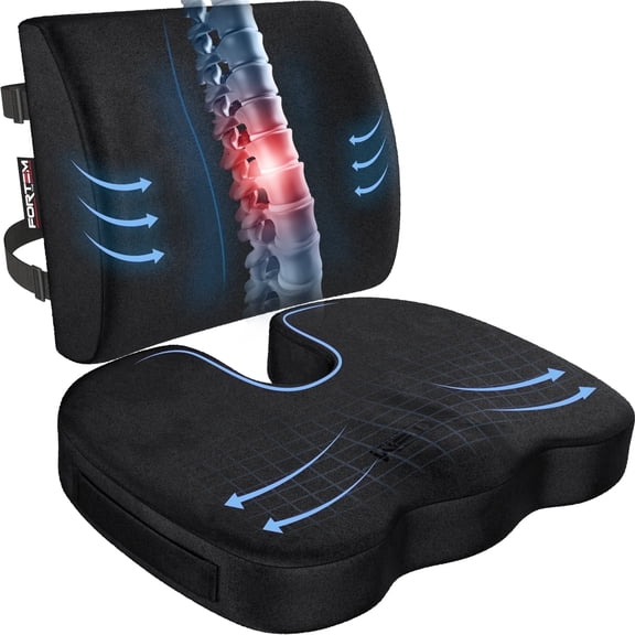 FORTEM Seat Cushion, Office Chair Cushion, Lumbar Support Pillow for Office Chair, Memory Foam Car Seat Cushions, Sciatica Coccyx Tailbone Pain Relief, Cushions for Back Support, Washable, Non Slip