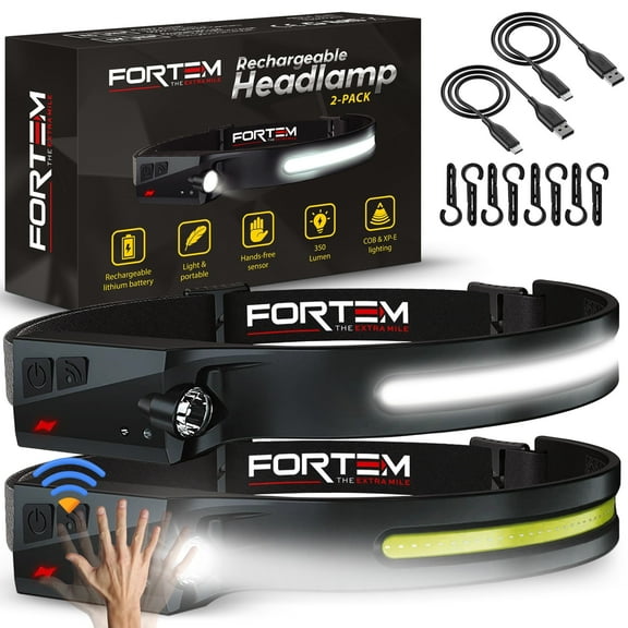 FORTEM Headlamp Rechargeable 2-Pack, 230° Wide Beam LED Head Lamp w/Motion Sensor, 6 Modes for Mechanic, 350 Lumen Hardhat Flashlight, Waterproof Headlight for Camping, Running, Hiking, Cycling