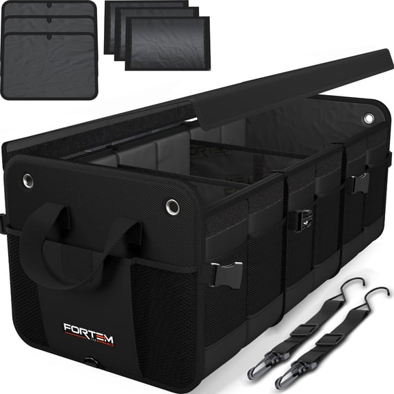 FORTEM SUV Trunk Organizer, Car Organizer, Collapsible Multi-Compartment Storage Bag for Car Accessories for Women Men, 1680D Oxford, Non Slip Bottom, Adjustable Straps, Soft Cover (90L)