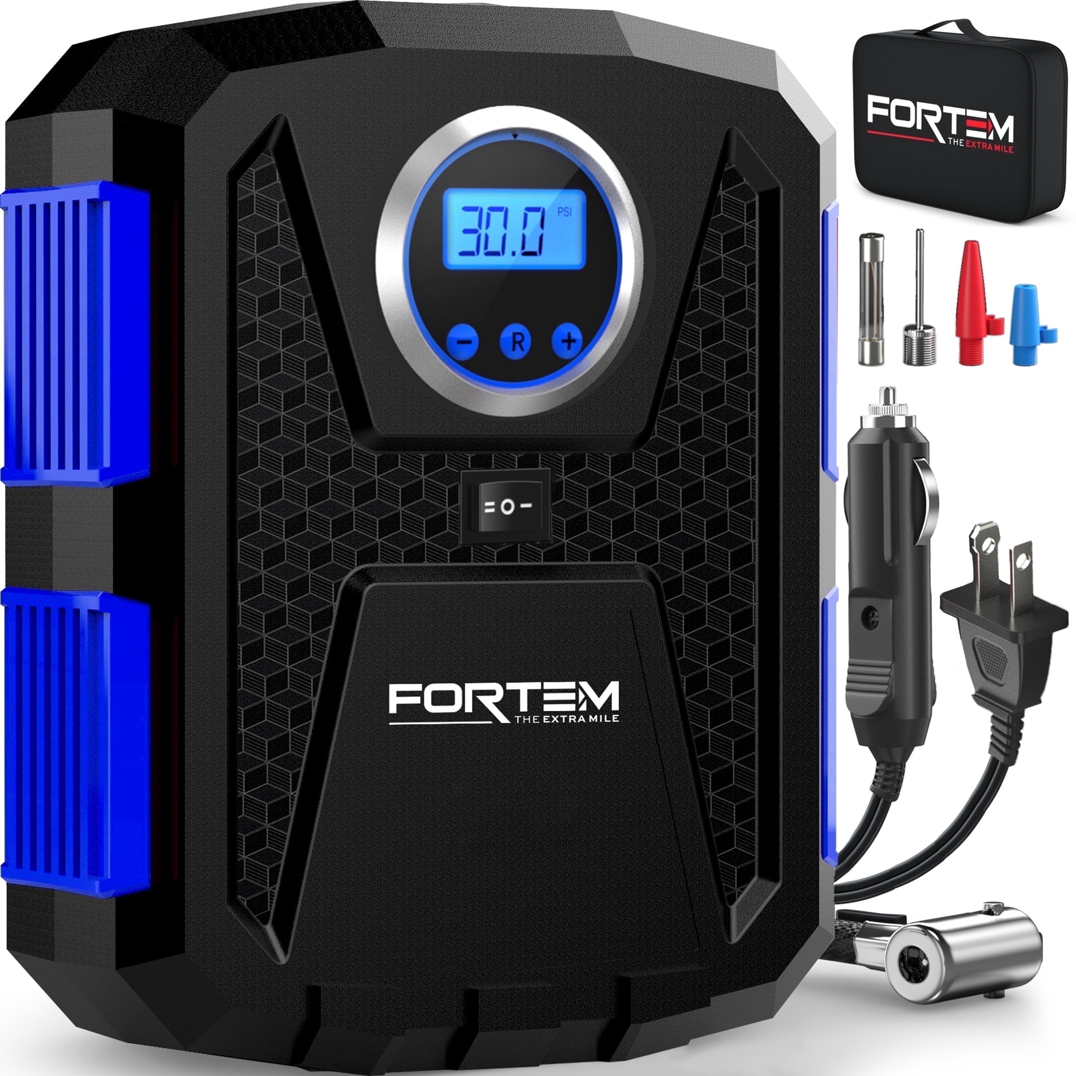 FORTEM Tire Inflator 150 PSI, Bike Pump, 112V AC 12V DC Air Pump for Car Tires, Digital Tire Pressure Gauge w/Auto Pump/Shut Off, Carrying Case (Blue)