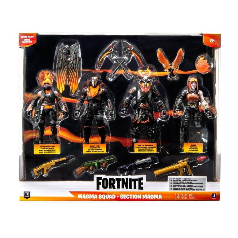 FORTNITE MOLTEN LEGENDS (SQUAD MODE) - Four 4-inch Articulated Figures with  Weapons, Harvesting Tools, and Back Bling 
