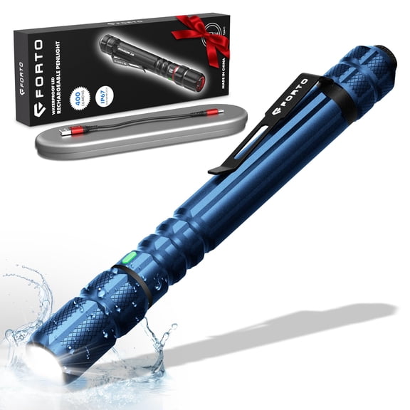 FORTO 400LM Rechargeable Pen Light, 70m Beam, Pocket Flashlight with Clip, IP67 Waterproof, 1 Pack Blue.