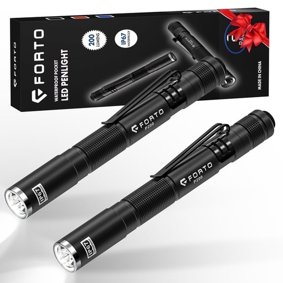 FORTO Flashlight, Waterproof Pen Light, with AAA Batteries, 200 Lumens, Black 2 packs