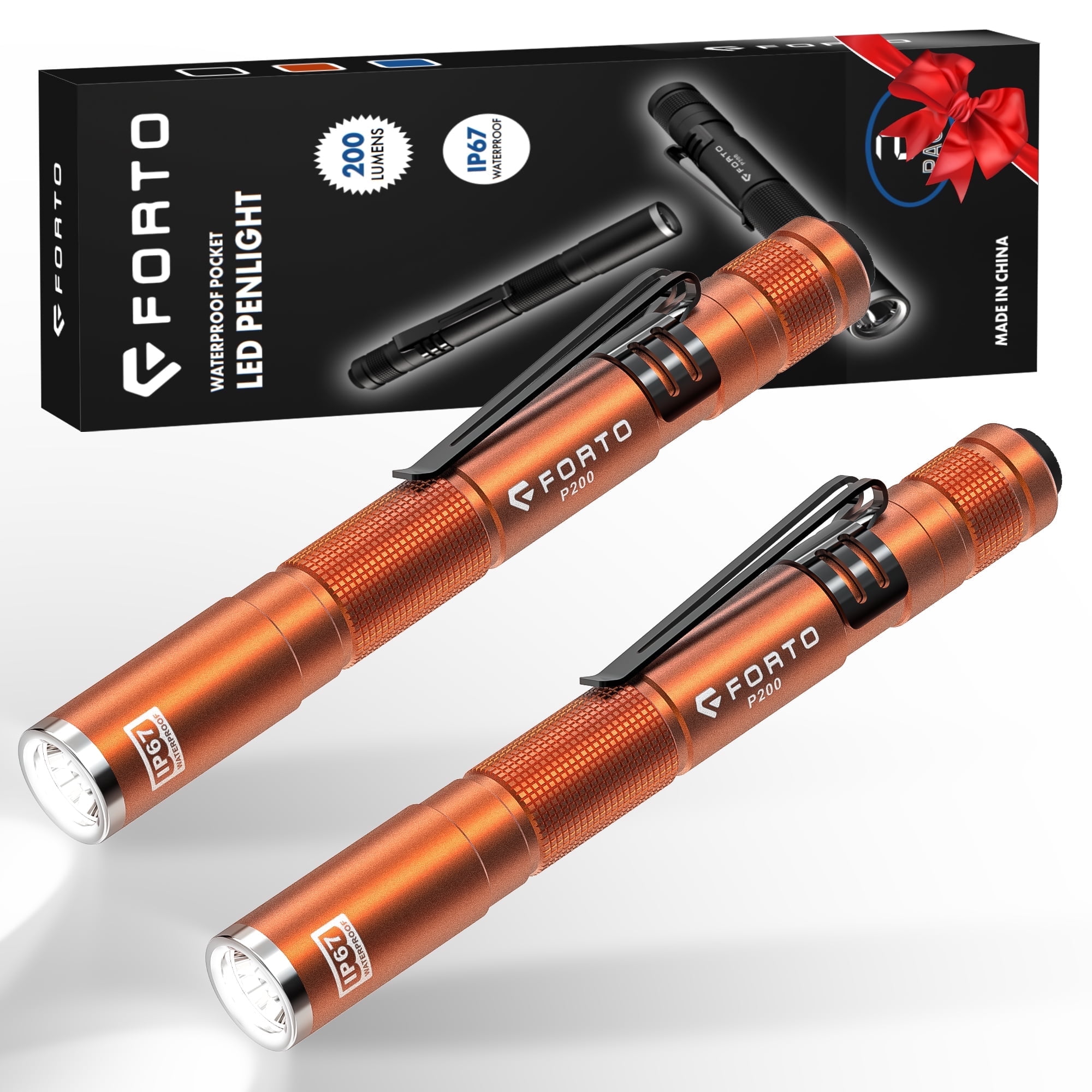 FORTO LED Pen Flashlight, 200 Lumen Penlight, IP67, AAA Batteries (Contained) , Orange 2 Packs