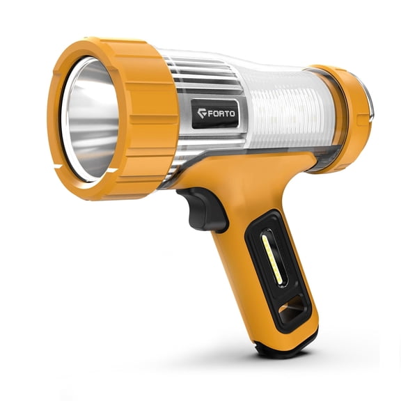 FORTO Yellow Rechargeable LED Spotlight & Camping Lantern, 3000lm IP68 Waterproof Flashlight with 5000mAh Battery, 420m Beam, Foldable Hook, Type-C, for Hiking, Emergency, Camping, Hunting