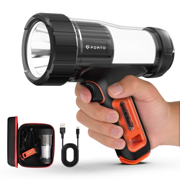 FORTO Rechargeable LED Spotlight & Camping Lantern, 3000lm IP68 Waterproof Flashlight with 5000mAh Battery, 420m Beam, Foldable Hook, Type-C, for Hiking, Emergency, Camping, Hunting