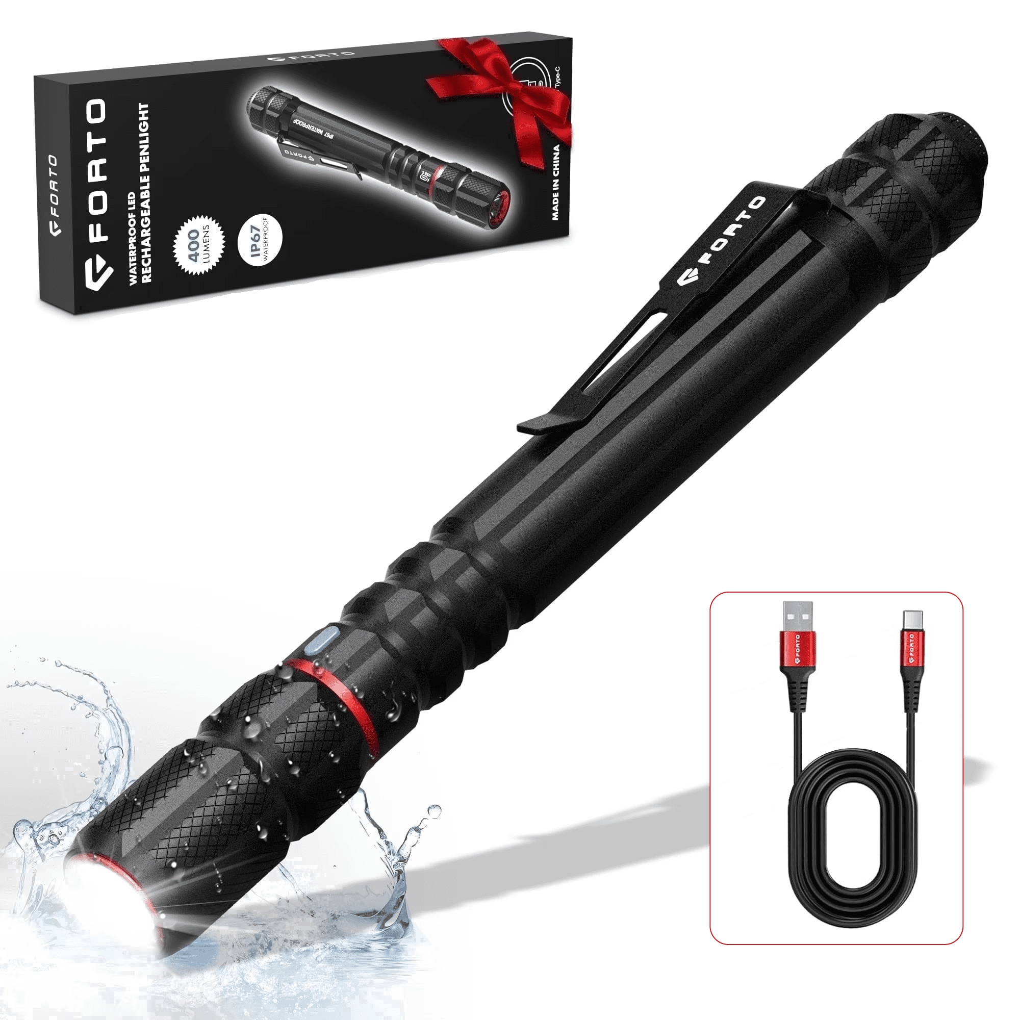 FORTO 1 Pack Black Rechargeable Pen Light Flashlight, 400 Lumens Small Pocket Flashlight with Clip, IP67 Waterproof, 2 Light Modes, 3-Color Battery Indicator, Type-C Charging, for Inspection,Emergenc