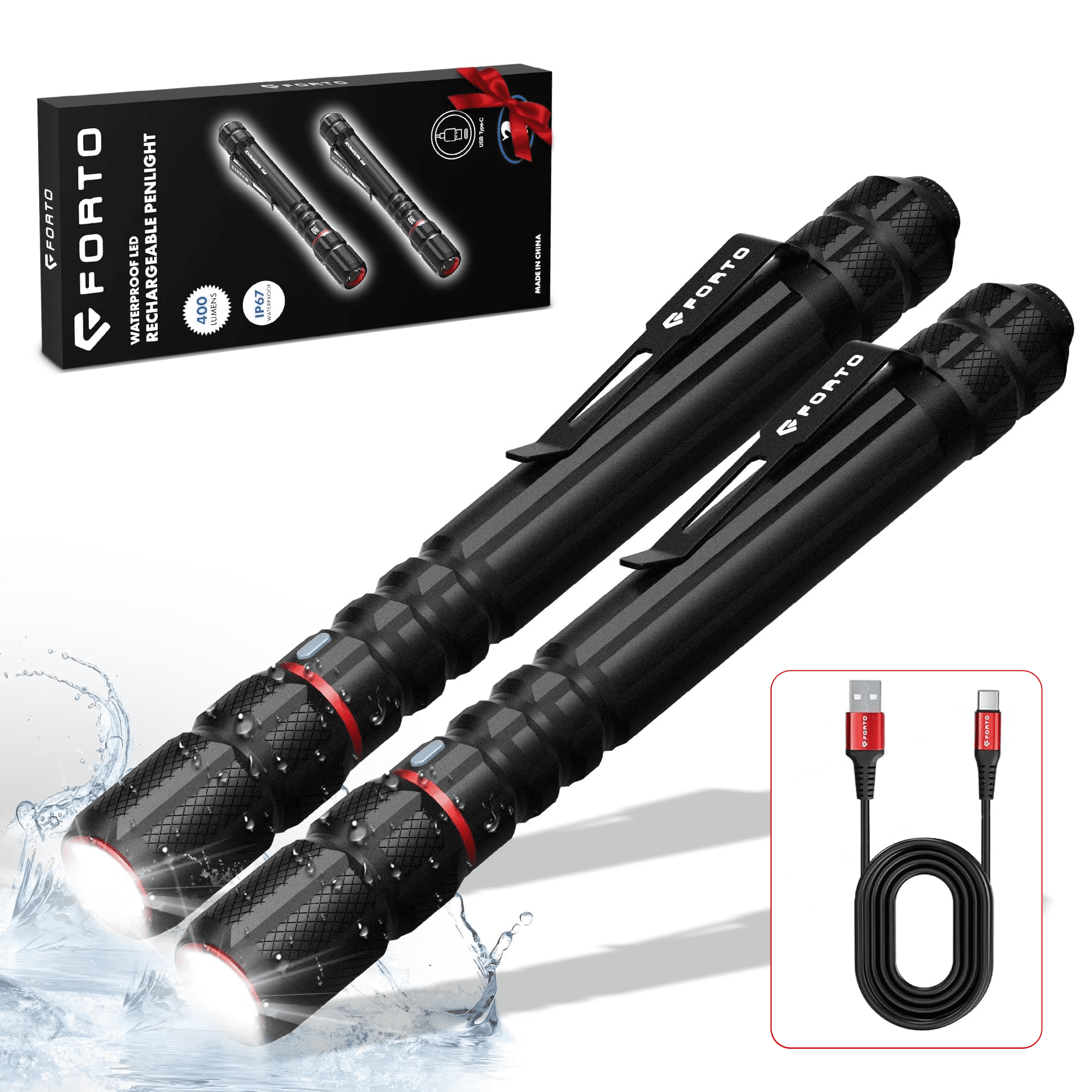 FORTO 400LM Rechargeable Pen Light, 70m Beam, Pocket Flashlight with Clip, IP67 Waterproof, 2 Pack